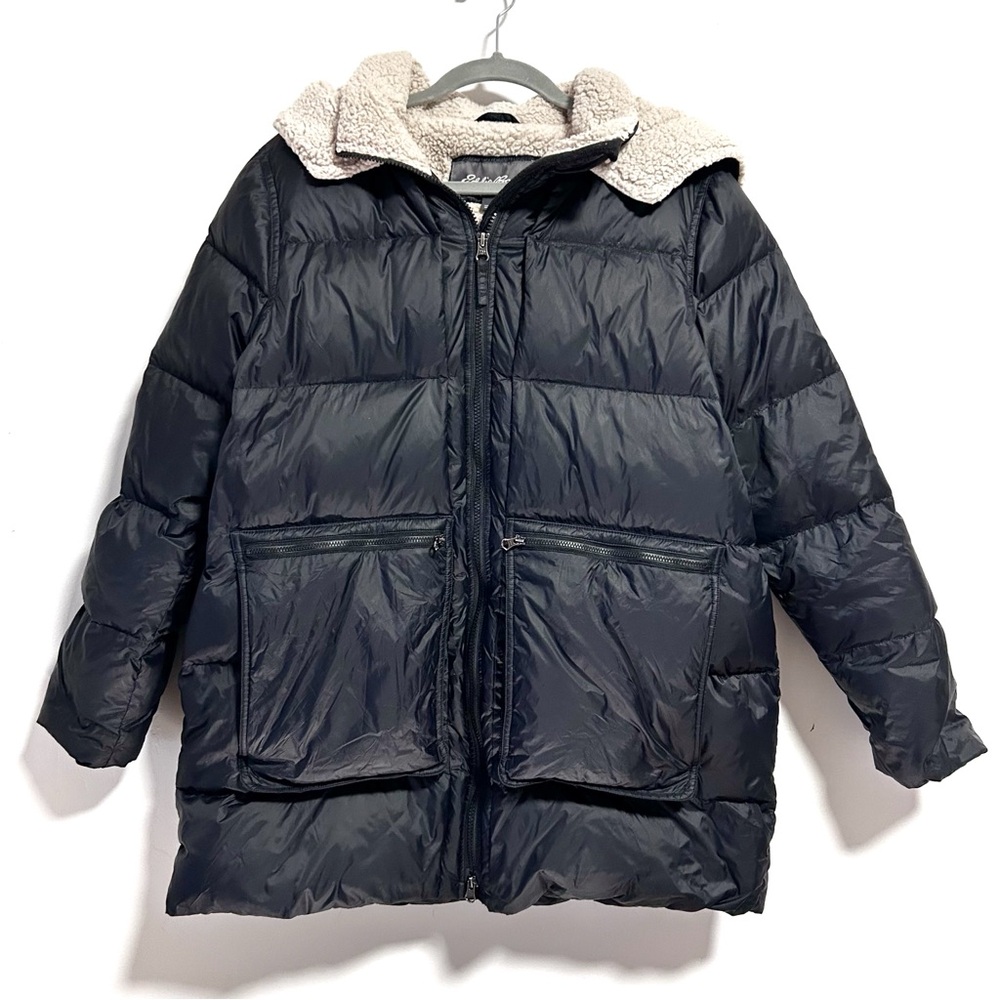 Eddie Bauer Down Puffer Coat Jacket Women’s XL Black with Hood Pockets Sherpa